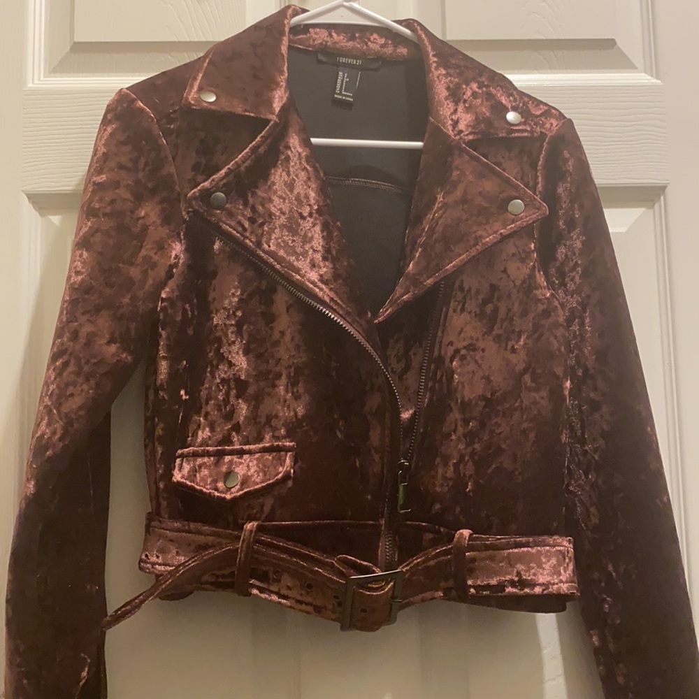 Maroon Velvet Forever 21 Moto Jacket with Silver Accents